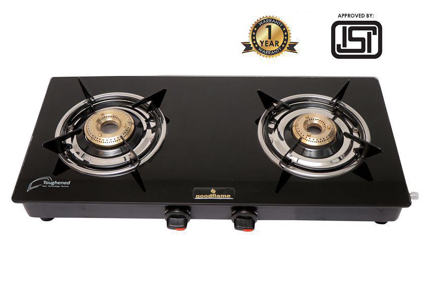 Goodflame Nano 2B Ms Bk Toughened Glass 2 Brass Burner Gas Stove(Manual Ignition,Black)