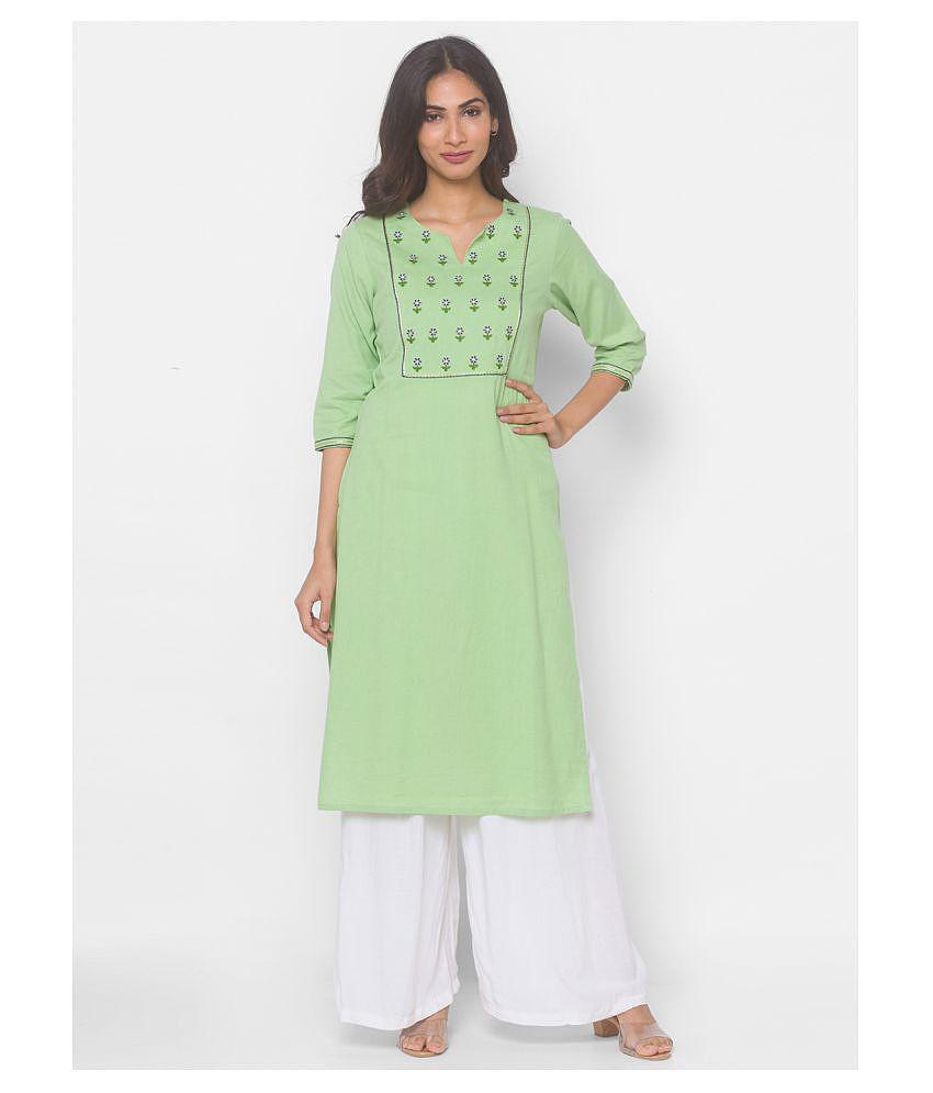 Globus - Green Cotton Women''s Straight Kurti - M