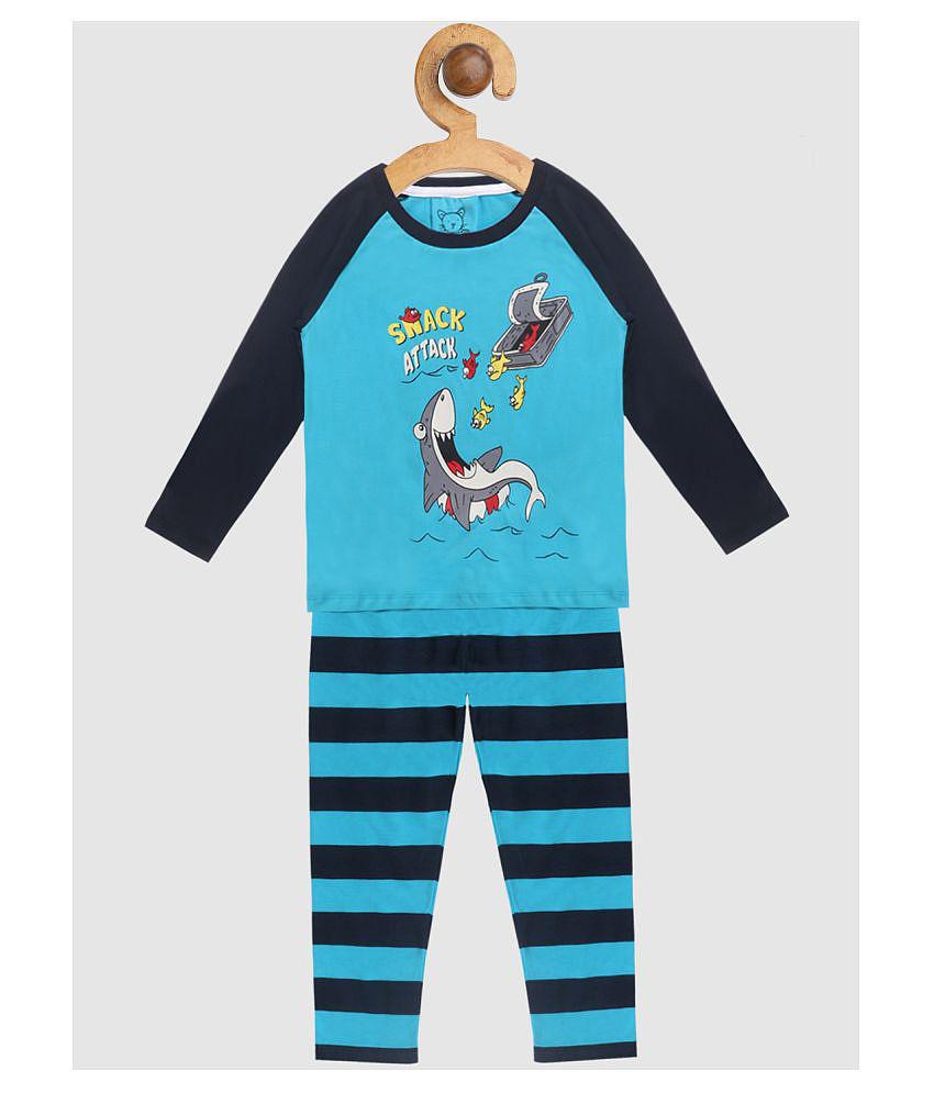 Lazy Shark Boys Turquoise Blue  Black Printed Night suit - None