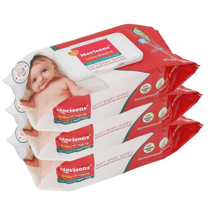 Morisons Baby Dreams Baby Wipes 80s with Lid (Pack of 3)