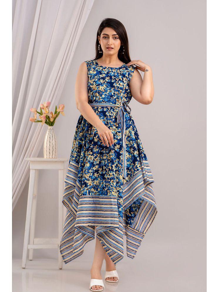 Latest Men Frionkandy Cotton Printed Ankle Length Womens Asymmetric Dress - Blue ( Pack of 1 ) -