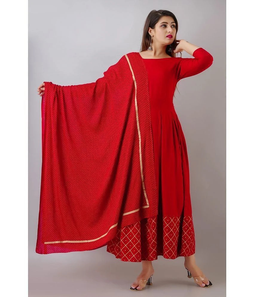 Luxurious Women Smien Rayon Solid Anarkali Womens Kurti with Dupatta - Maroon ( Pack of 1 ) - No