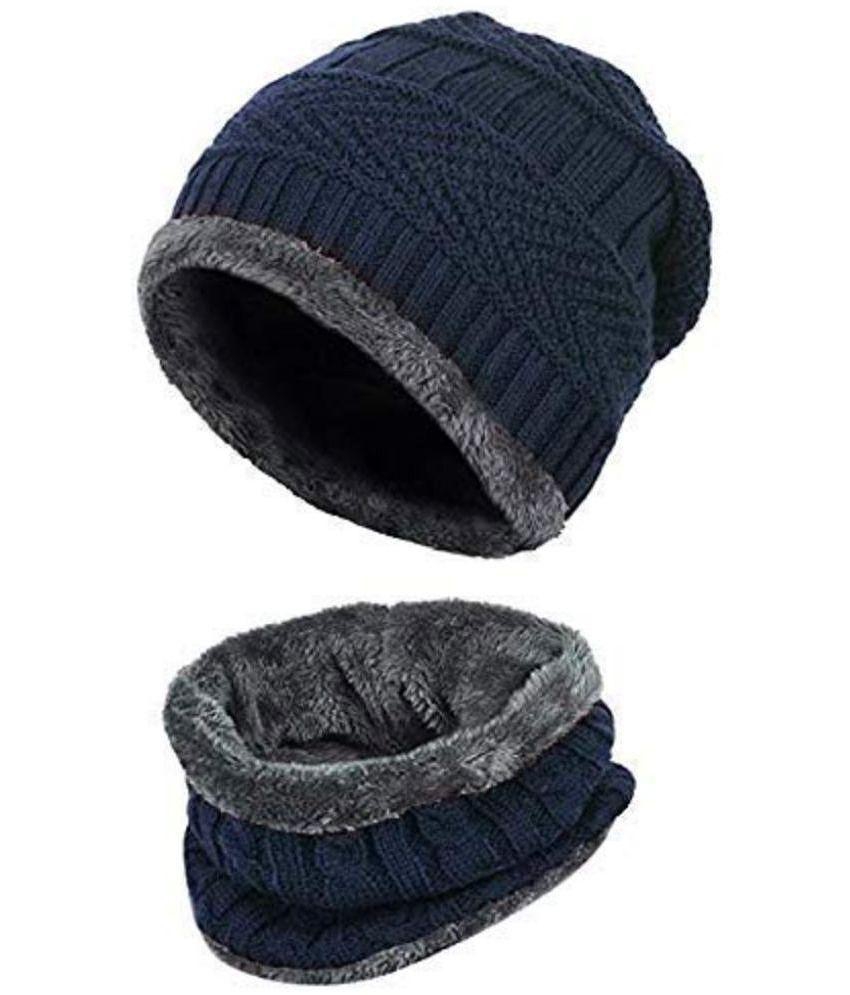 KP2Â® Snow Proof Inside Fur Wool Unisex Beanie Cap with Neck Warmer Set Knit Hat Thick Fleece Lined Winter Hat for Men & Women - One Size