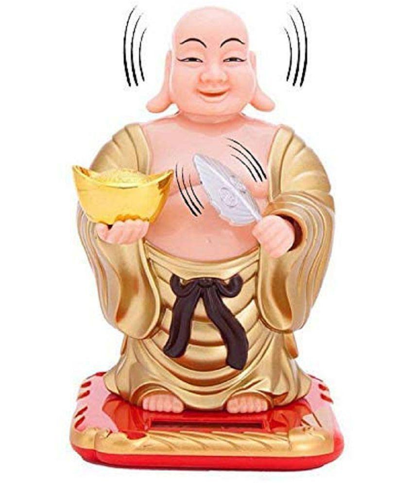 PAYSTORE Plastic Solar Laughing Buddha Holding Ingot & Waving Fan and Moving Head Idol for Health Wealth & Prosperity (Medium , Gold )