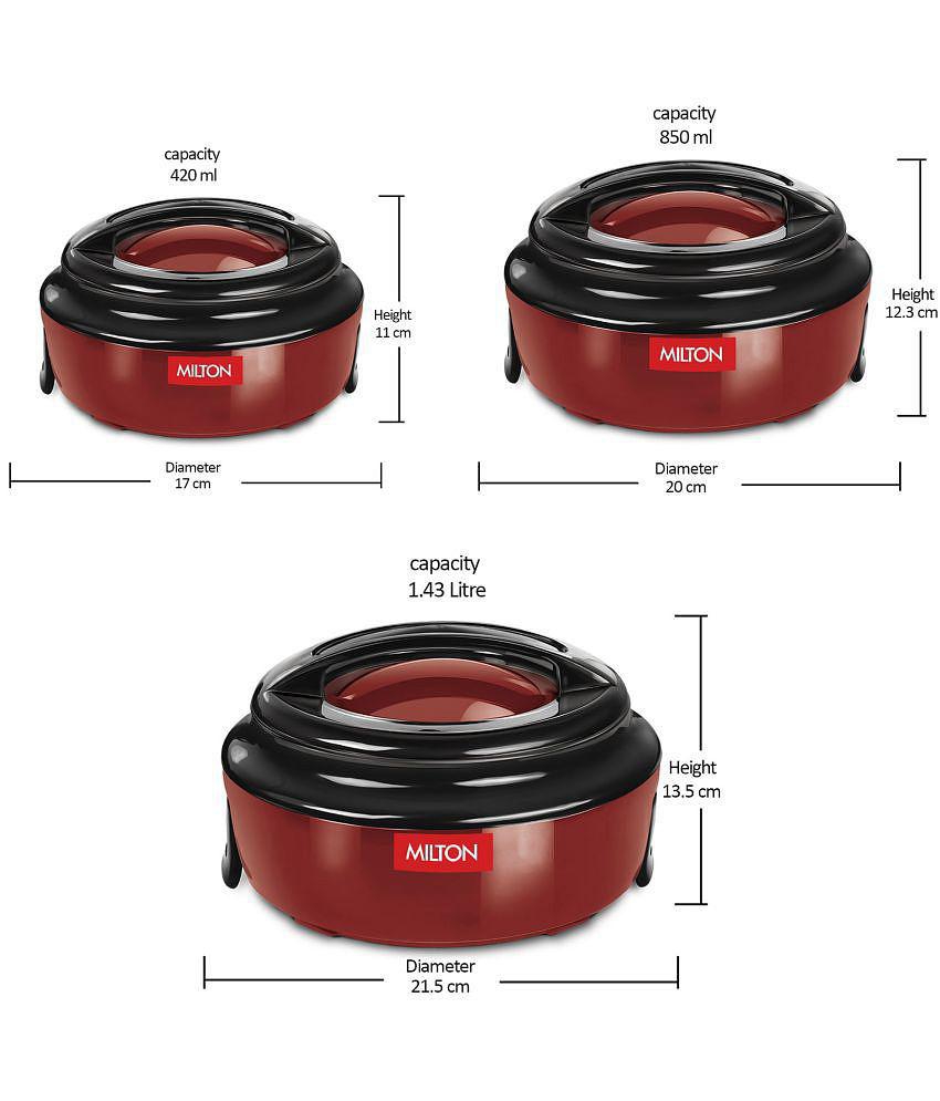 Milton - Ernesto Jr. 3 Pcs Grey Microwave Safe Inner Steel Thermoware Casserole Set (420ml,850ml,1.43L) - Red