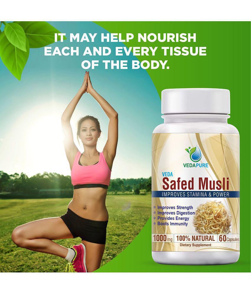 VEDAPURE Organic Safed Musli Capsule Helps in Bones & Joints Boosts Energy, Immunity & Stamina 1000mg 60 Capsules (Pack of 1)