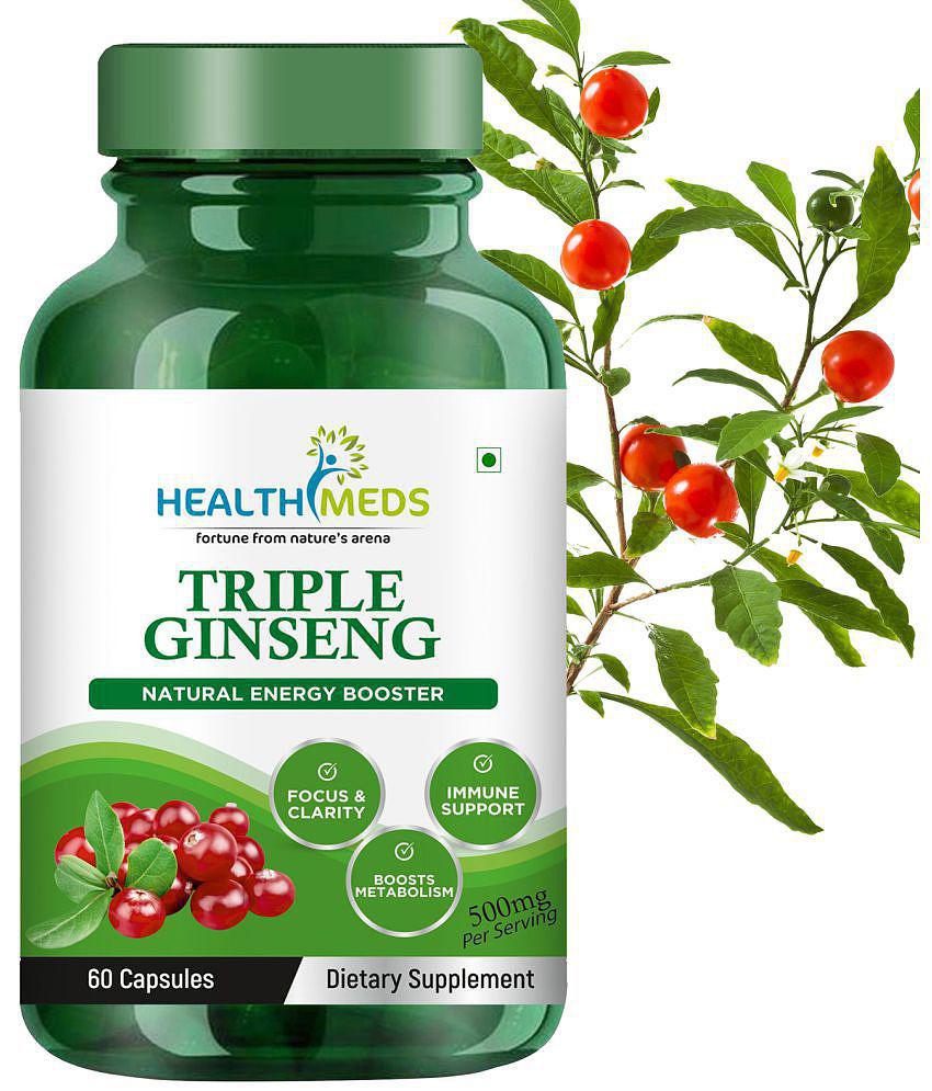 HEALTHMEDS Triple Korean Red Ginseng Root Extract Dietary Supplement For Men - 500mg/Serving 60Veg Capsules (Pack of 1)