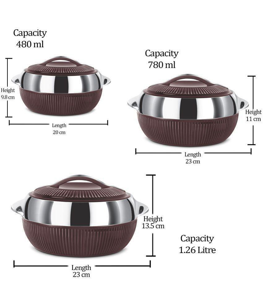 Milton Fiesta Insulated Casserole (Brown, Set of 3), Stainless Steel, Striped - Brown Silver