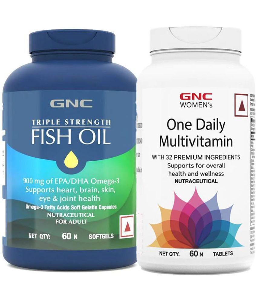 GNC Triple Strength Fish Oil 1500mg Omega 3 Capsules- 60 Softgels & Women's One Daily Multivitamin for Women- 60 Tablets (Combo)
