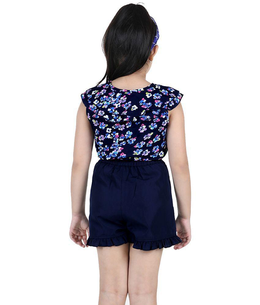 Naughty Ninos Girls Navy Blue Floral Printed Top with Short - None