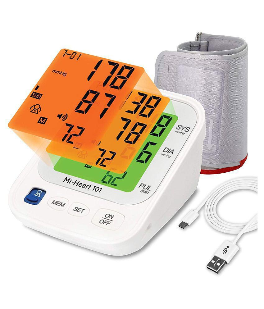 Mievida Mi Heart 101 Blood Pressure Monitor with Smart 3 Colored Backlight Display of 4.3 Inches, USB Cable, Dual User (2 X 192 M) & Voice Feature