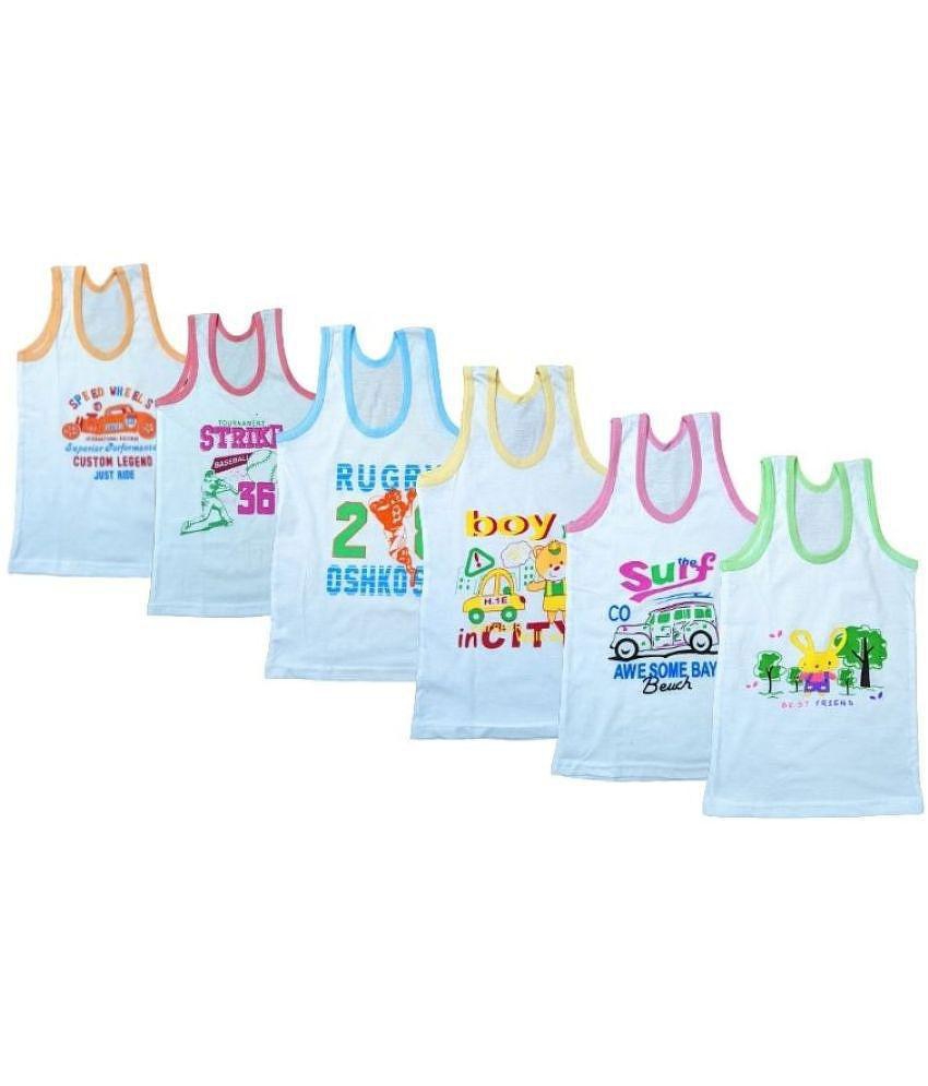 DAYAKU - 100% Cotton Printed White Boys Vest ( Pack of 6 ) - None