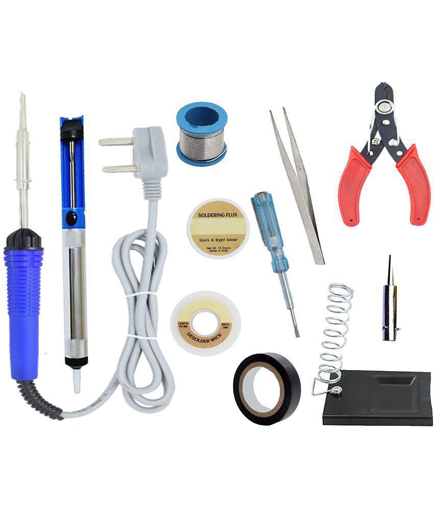 ALDECO: ( 11 in 1 ) 25 Watt Soldering Iron Kit With- Blue Iron, Wire, Flux, Wick, Stand, Cutter, Tweezer, Tester, Desoldering Pump, Bit, Tape