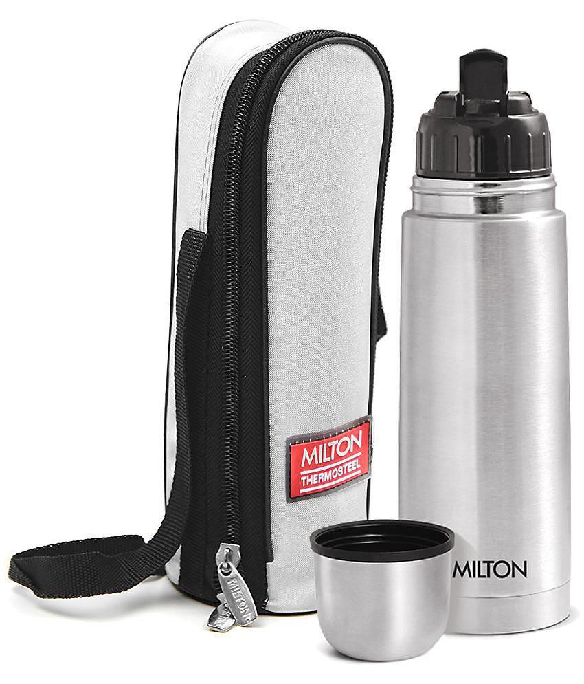 Milton Flip Lid 350 Thermosteel 24 Hours Hot and Cold Water Bottle with Bag, 350 ml, Silver - Silver