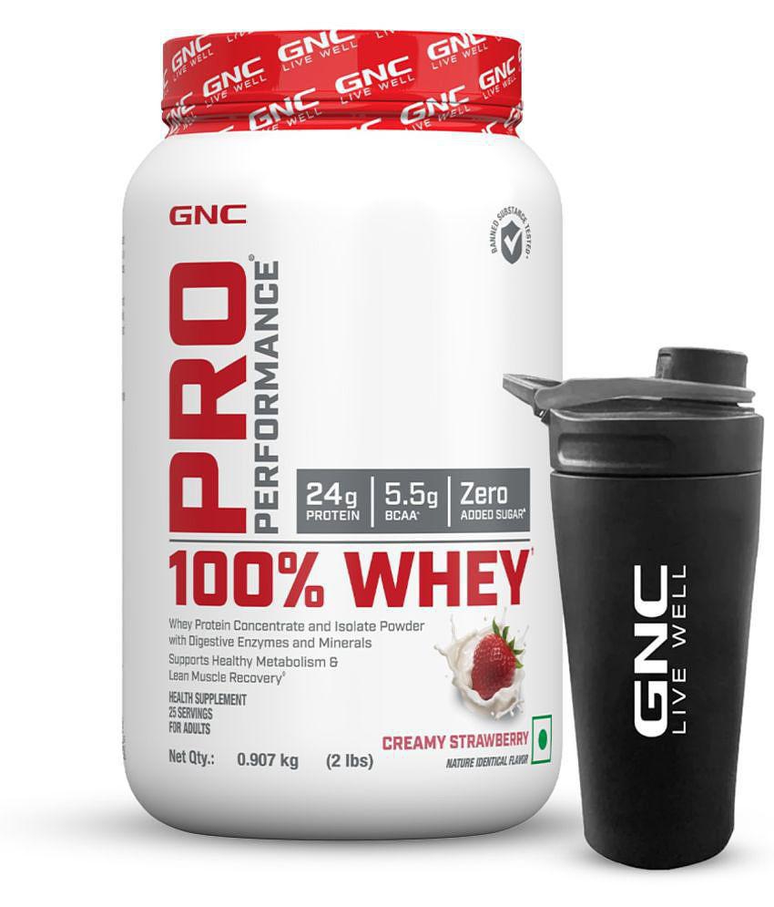 GNC Pro Performance 100% Whey Protein Powder- Creamy Strawberry, 2 lbs & Steel Shaker (Combo)