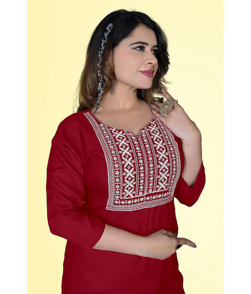 HAYA - Maroon Rayon Women's Straight Kurti ( Pack of 1 ) - 4XL