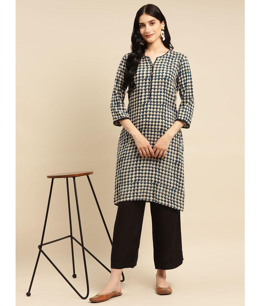 Rangita Women Rayon Navy Bagru Printed Knee Length Straight Kurti - XL, Navy