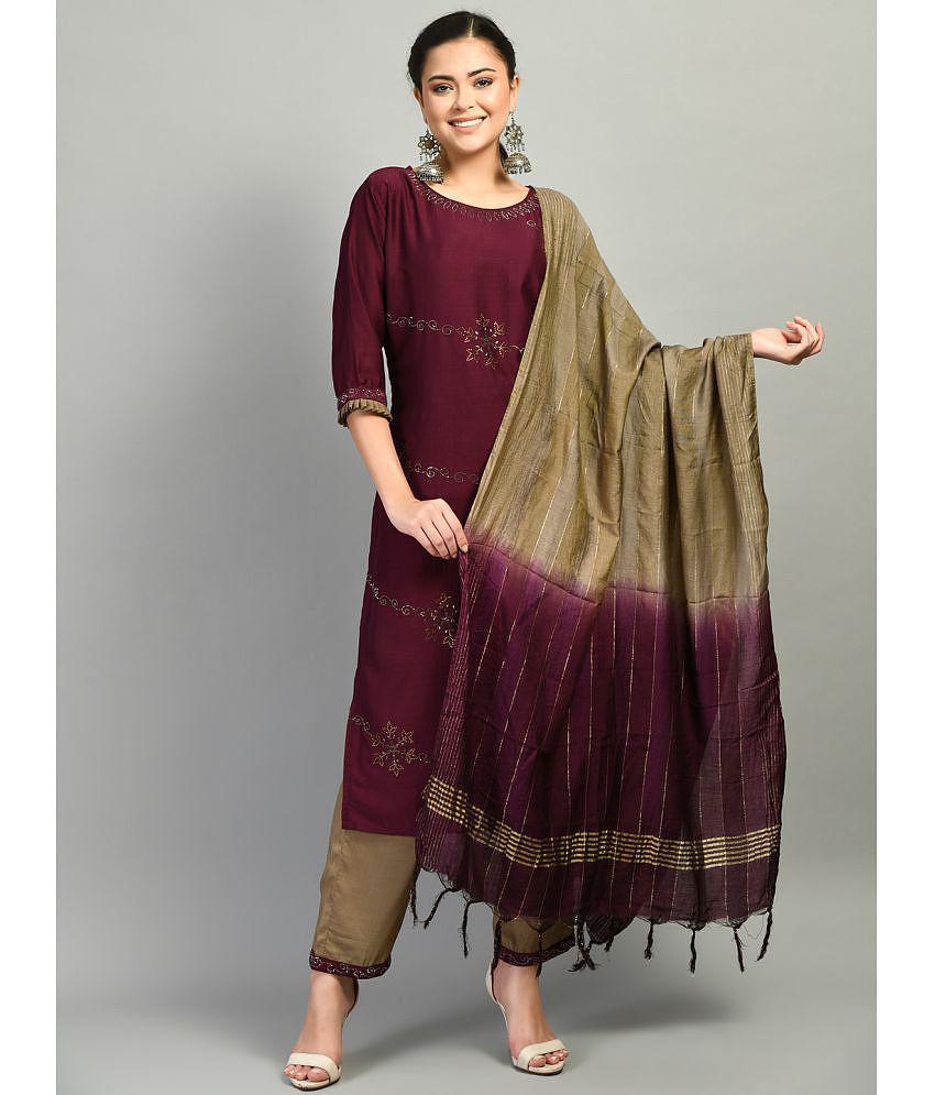 Desinoor - Wine Straight Cotton Silk Women''s Stitched Salwar Suit ( Pack of 1 ) - None