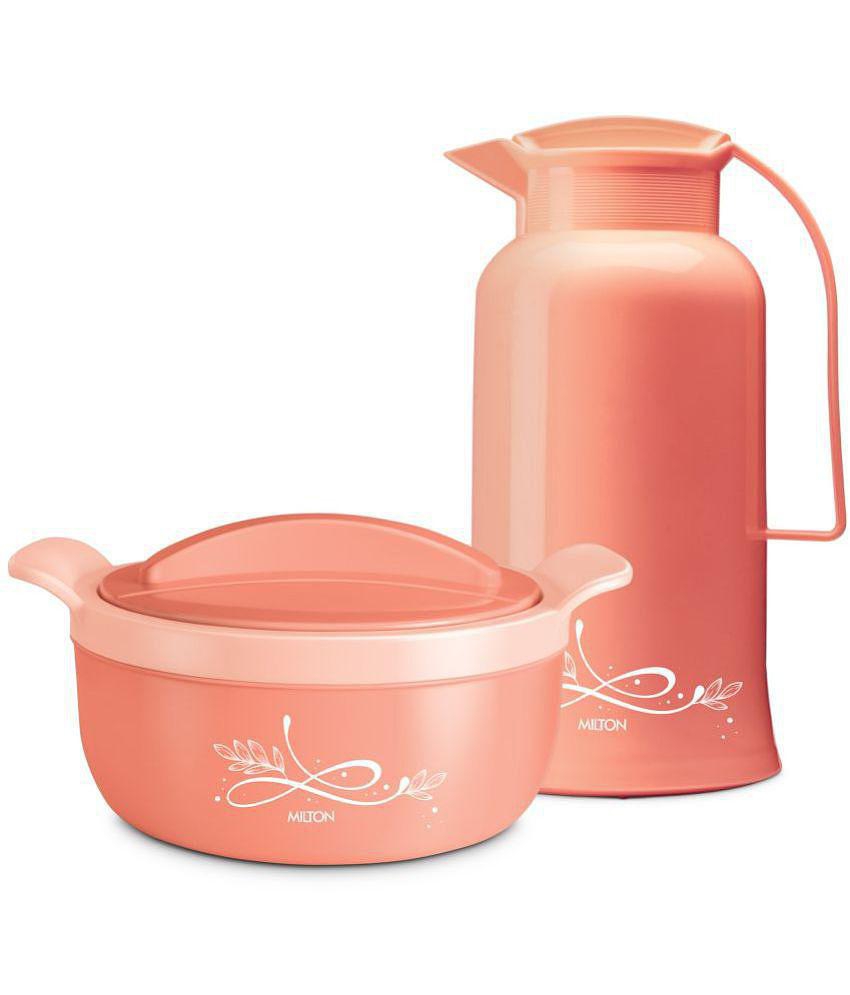 Milton Souvenir Gift Set, Crave 1500 Inner Stainless Steel Casserole, 1.38 ml and Crystal 1000 Insulated Flask, 970 ml, Peach | BPA Free | Odour Free | Food Grade - Peach