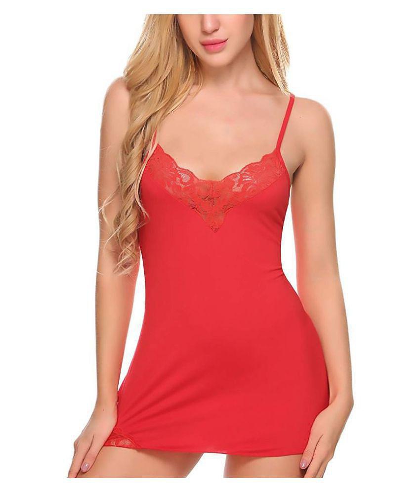 D Naked Lycra Baby Doll Dresses With Panty - Red - Free Size