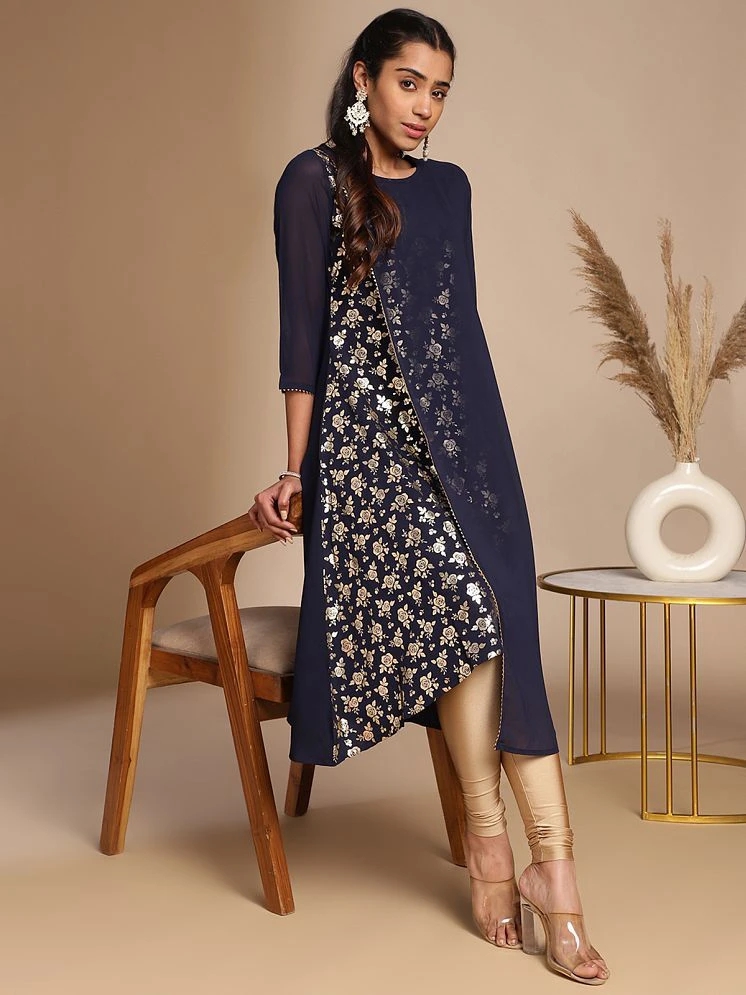 Buy Online Plo Janasya Crepe Printed A-line Womens Kurti - Navy Blue ( Pack of 1 ) - None