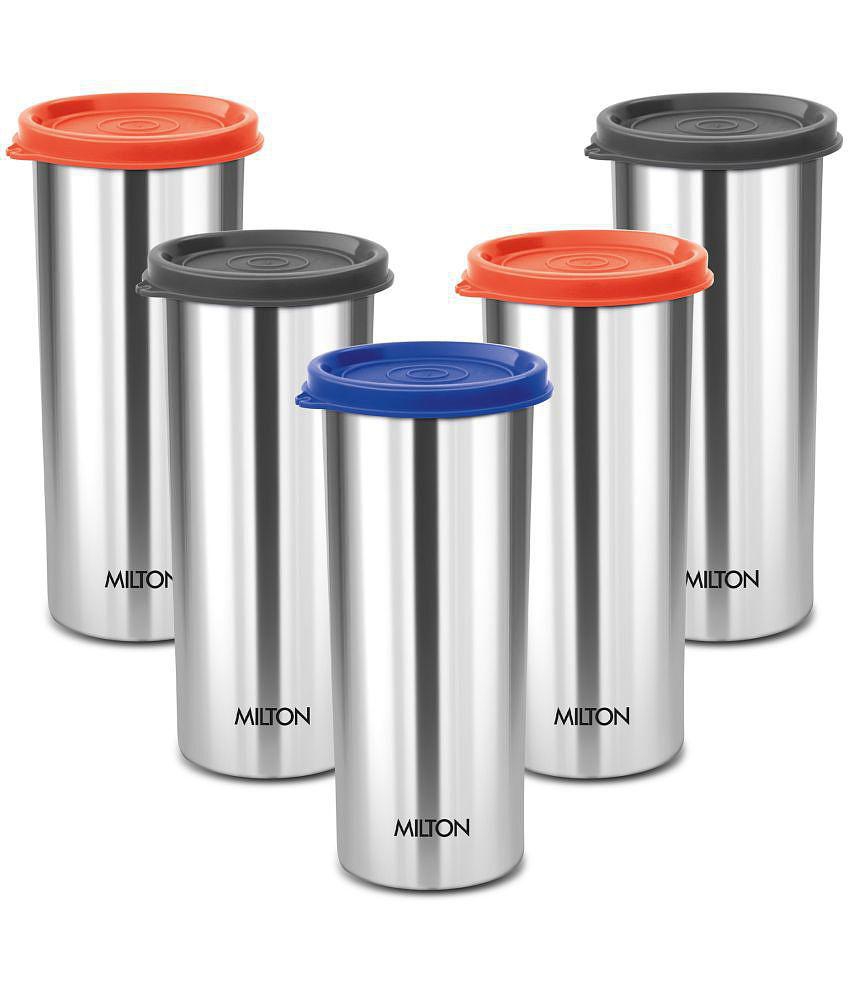 Milton Stainless Steel Tumbler with Lid Set of 5, 530 ml Each, Assorted (Lid Color May Vary) | Office | Gym | Yoga | Home | Kitchen | Hiking | Treking | Travel Tumbler - Assorted