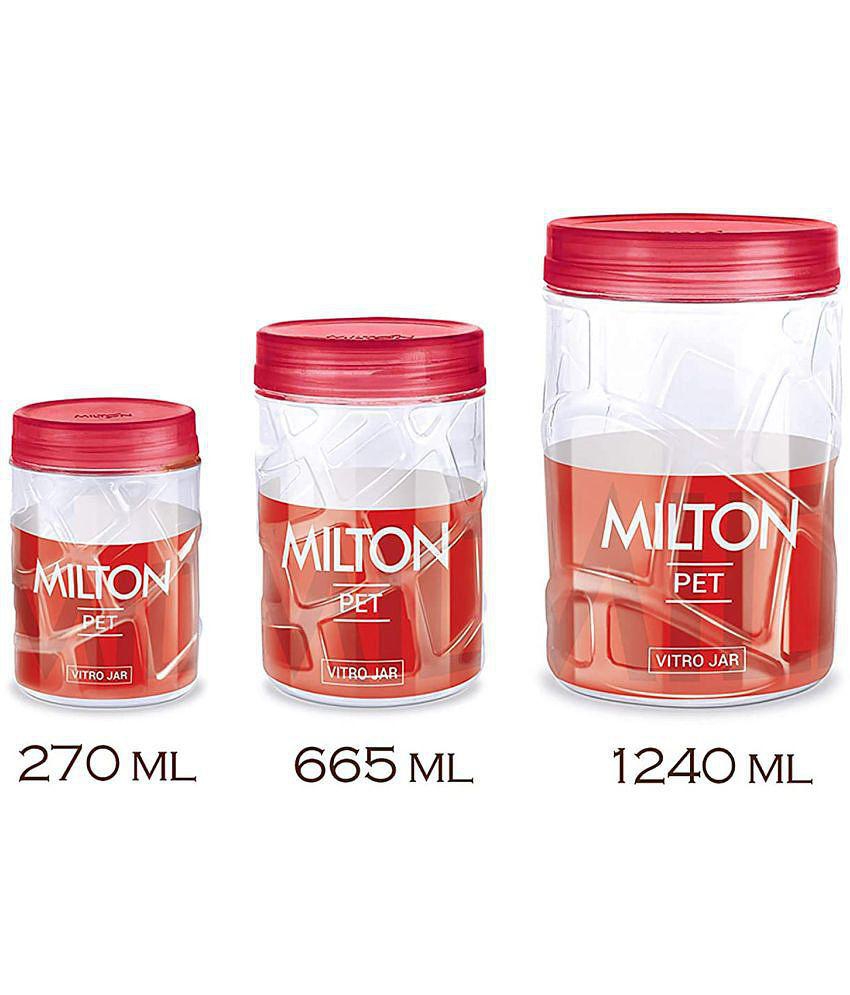 Milton Vitro Plastic Pet Storage Jar and Container, Set of 12 (4 pcs x 270 ml Each, 4 pcs x 665 ml Each, 4 pcs x 1.24 ltrs Each), Red Wine - Red