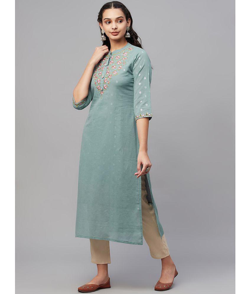 AMIRA''S INDIAN ETHNICWEAR - Teal Cotton Women''s Straight Kurti ( Pack of 1 ) - None