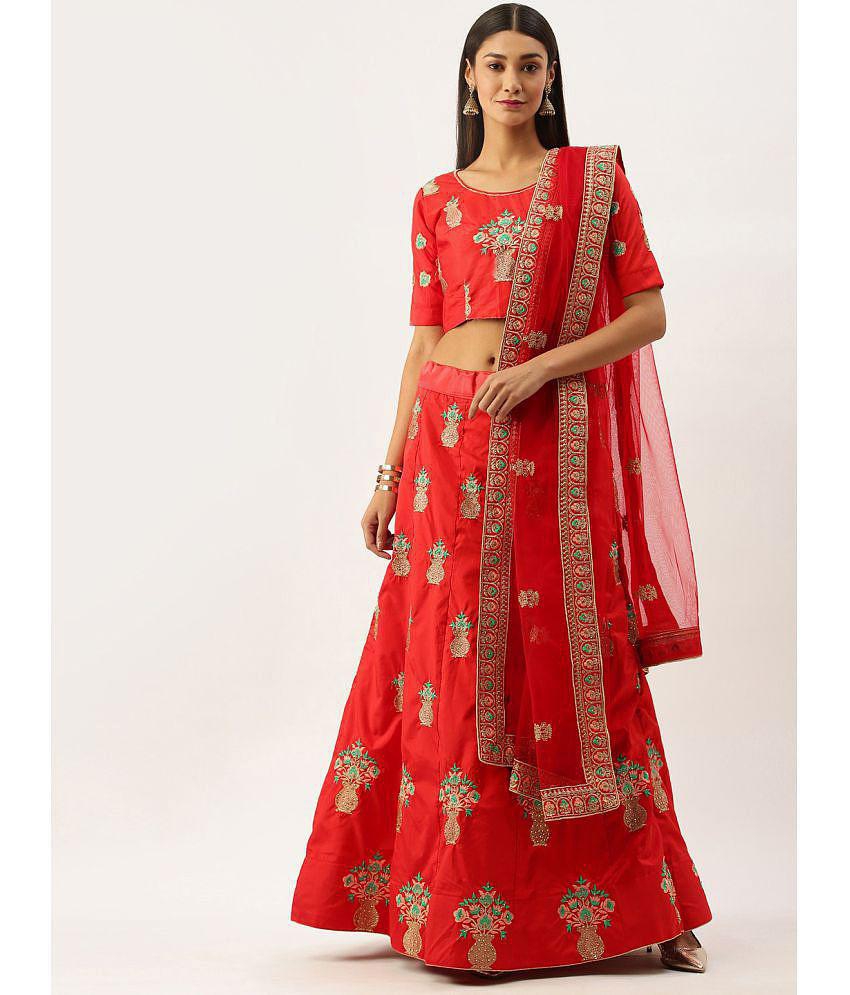 Om Shantam Sarees Red Silk Blends Chaniya Choli Semi Stitched Lehenga Single - Free Size