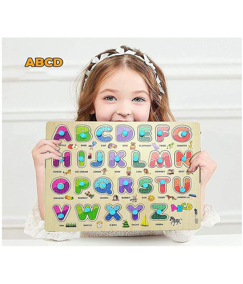 Classic Wooden Learning Peg Puzzle Holiday 26 Pc ABC Alphabetical Letter Educational Board Game Toy for Kids - Multi Colour