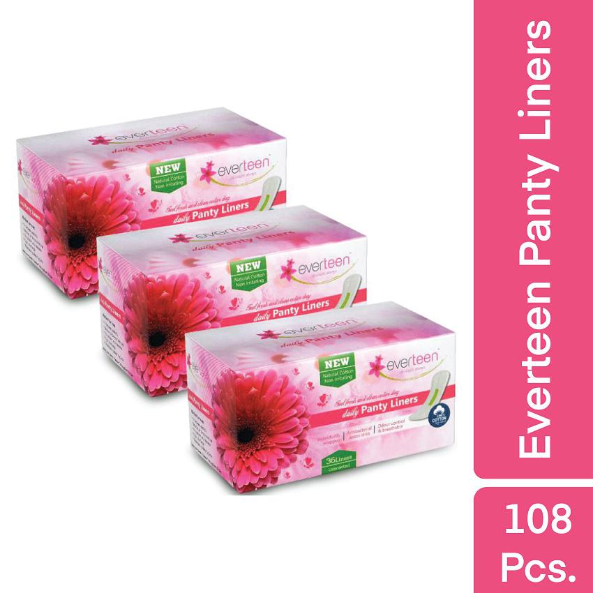 everteen Daily Panty Liners With Antibacterial Strip for Light Discharge & Leakage in Women - 3 Packs (36pcs Each)