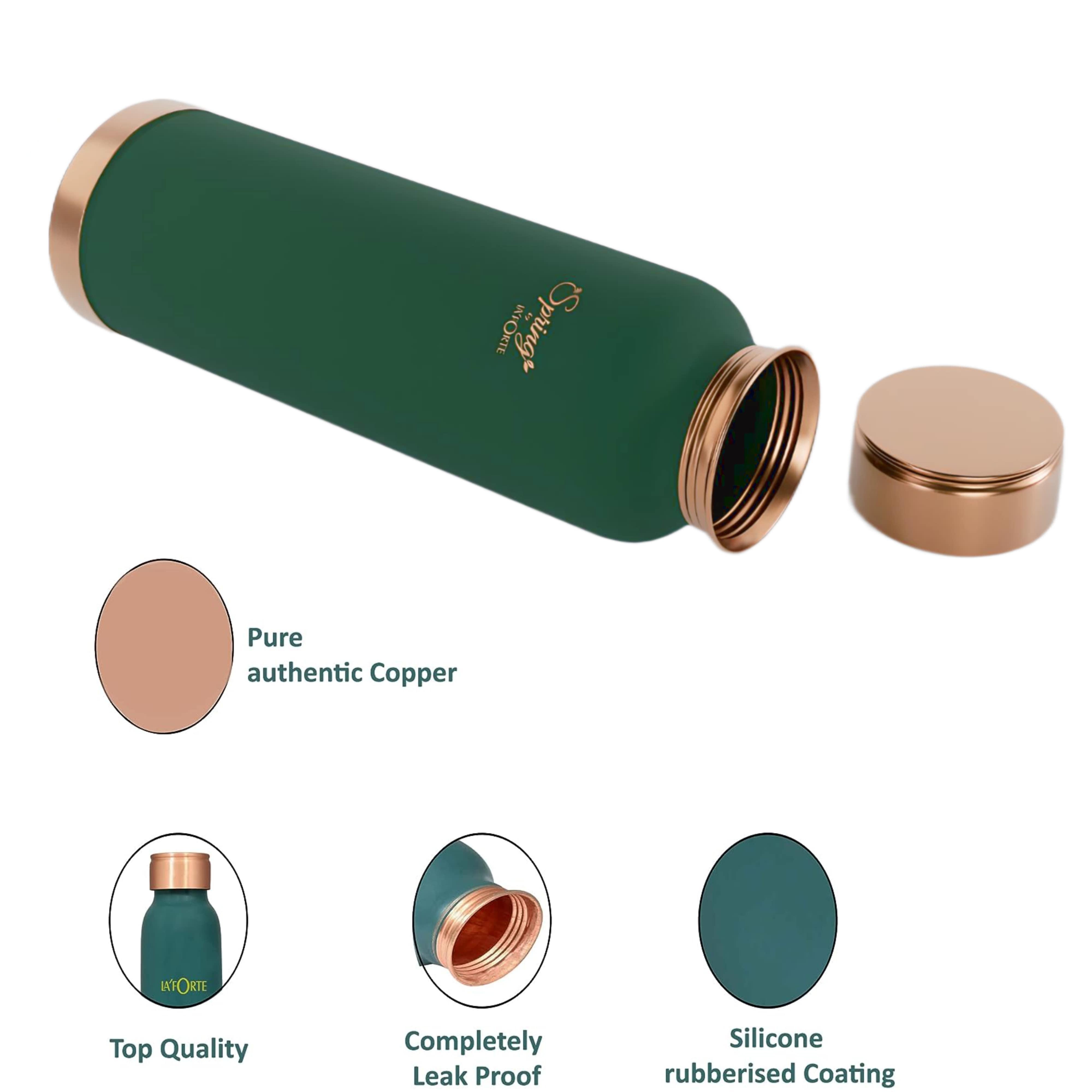 LA'FORTE Pure Copper Water Bottle with Leak Proof Lid (1000 Ml) Sea Green