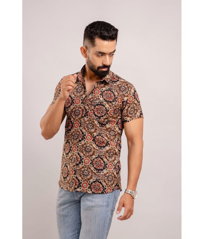 Exclusive Men Frionkandy 100% Cotton Regular Fit Printed Half Sleeves Mens Casual Shirt - Brown 