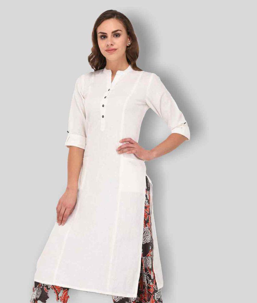 Pistaa - White Cotton Women's Straight Kurti ( Pack of 1 ) - M, Green