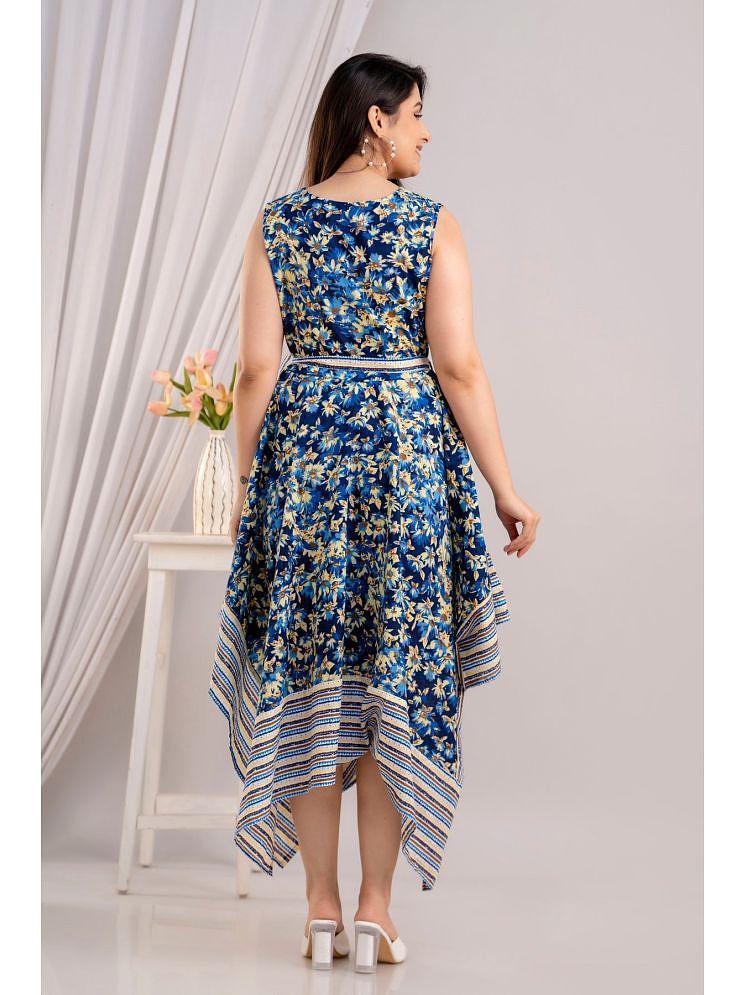 Latest Men Frionkandy Cotton Printed Ankle Length Womens Asymmetric Dress - Blue ( Pack of 1 ) -