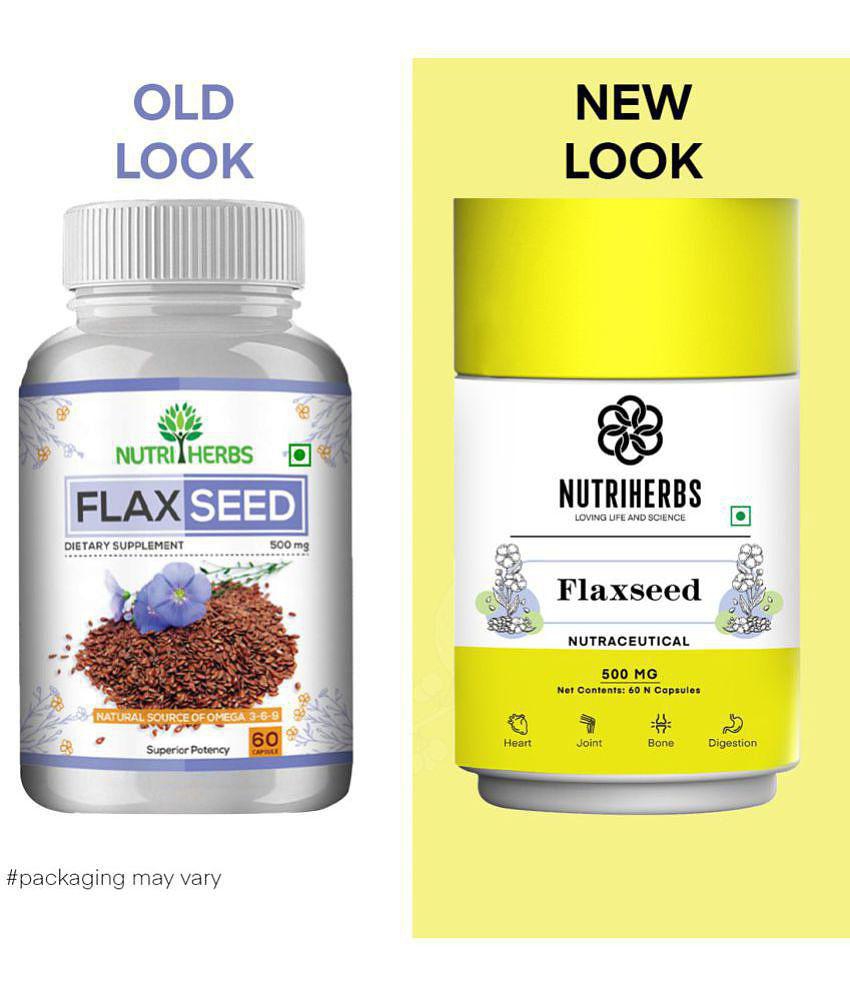 Nutriherbs Flaxseed Extract 500 mg 100% Organic & Omega 3-6-9 Vegan Natural Fatty Acid - 60 Capsule | Helps To Maintain Cholesterol Level & Diabetes