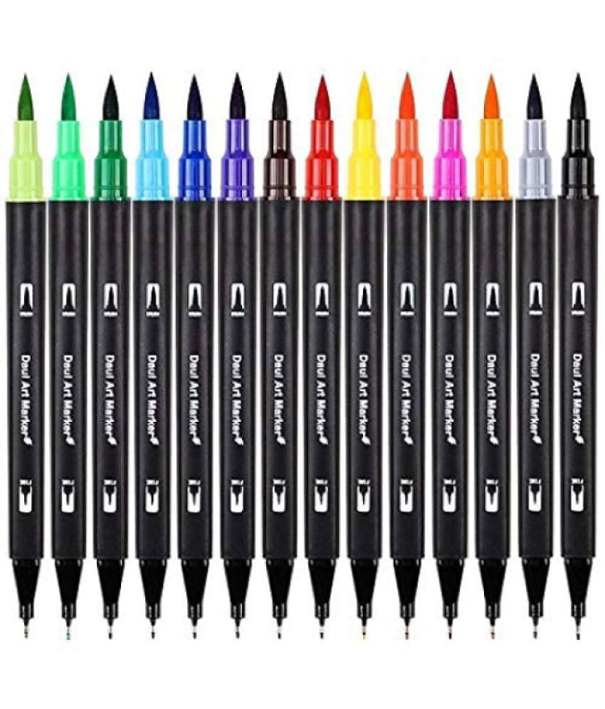 THR3E STROKES Art Markers Dual Tips Coloring Fineliner Color Water Based Marker Pens Set for Calligraphy Drawing Sketching Journal (BLACK, 12)