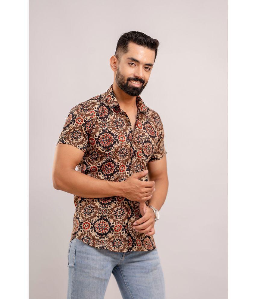 Exclusive Men Frionkandy 100% Cotton Regular Fit Printed Half Sleeves Mens Casual Shirt - Brown 