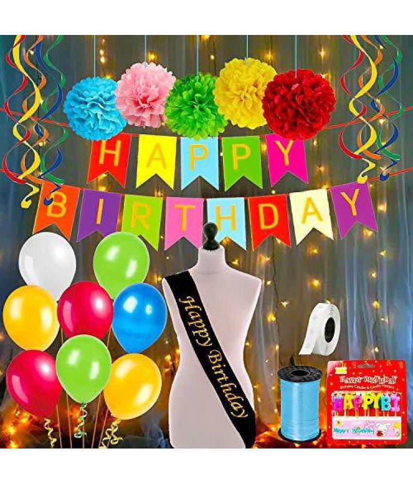 Party Propz Multicolour Birthday Decoration kit Combo Items - 48 Pcs Set With Happy Bday Sash, Pom pom, Metallic Balloons, Birthday Banner Ribbon with Fairy Light For Kids, Husband, Boys, Gi