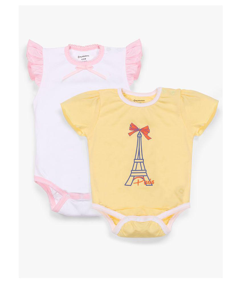 My Milestones Bodysuit Set Half Sleeves 2 pcs-Yellow/White - 18-24M - None