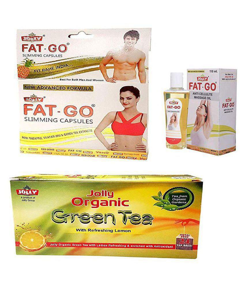 Jolly Pharma Fat Go Capsules & Fat Go Massage Oil - Green Tea Sachets -Fat Burner Products Pack of 3