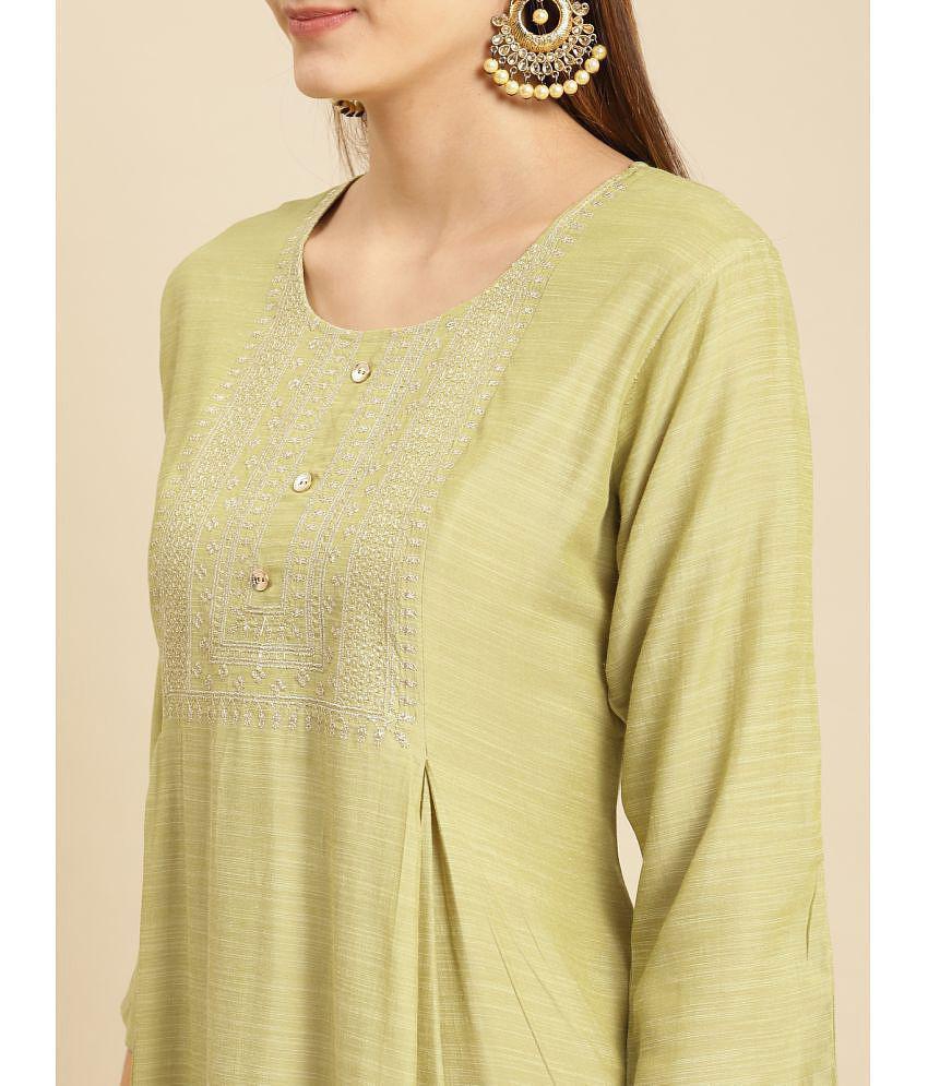 Rangita Women Mint Green Yoke Zari Embroidered Calf Length A-line Kurti - L, Mint Green