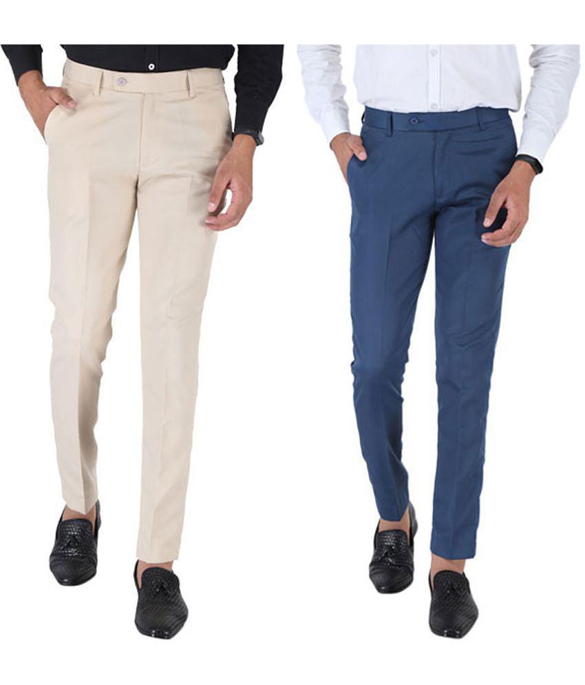 SREY Cream Slim -Fit Flat Trousers Pack of 2 - None