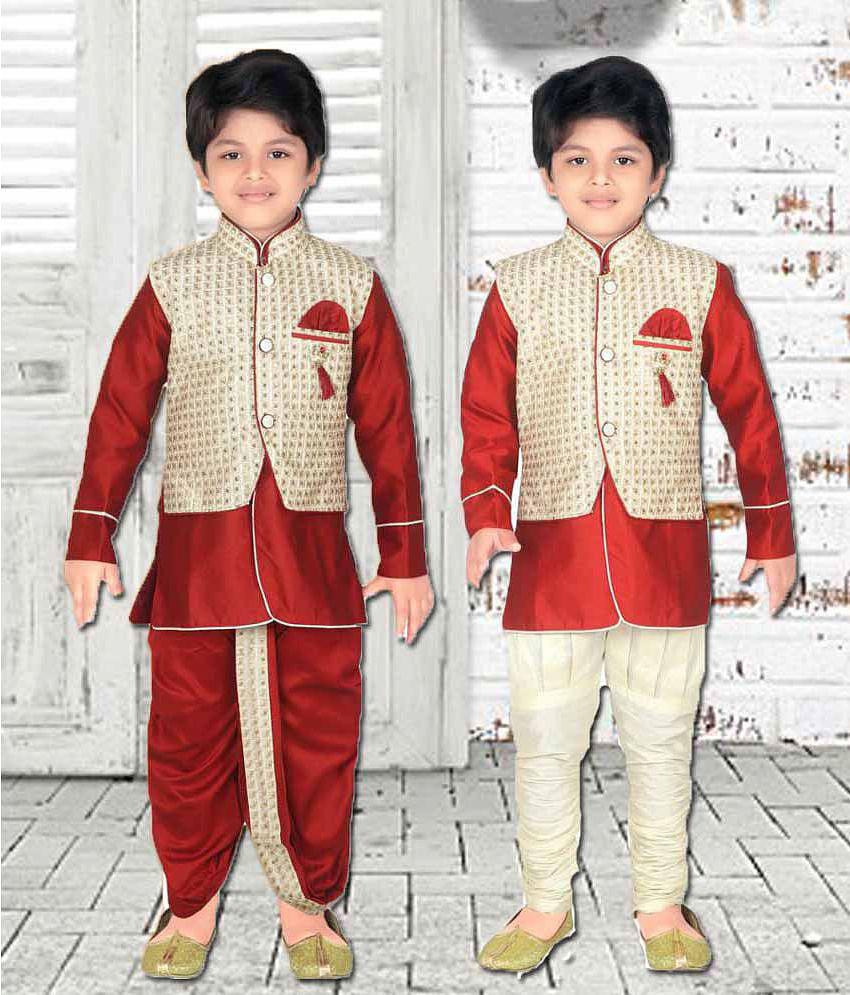 ahhaaaa Kids Indian Ethnic Waistcoat, Kurta, Breaches and Dhoti Pant Set for Baby Boys - None