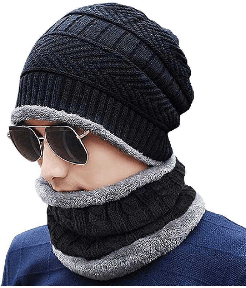 KP2Â® Snow Proof Inside Fur Wool Unisex Beanie Cap with Neck Warmer Set Knit Hat Thick Fleece Lined Winter Hat for Men & Women - One Size