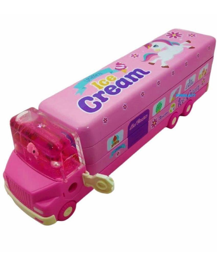 FunBlast Pencil Box for Kids Bus with Moving Tyres & Sharpener for Kids Truck Geometry Box for Kids & Girls (Multicolor)