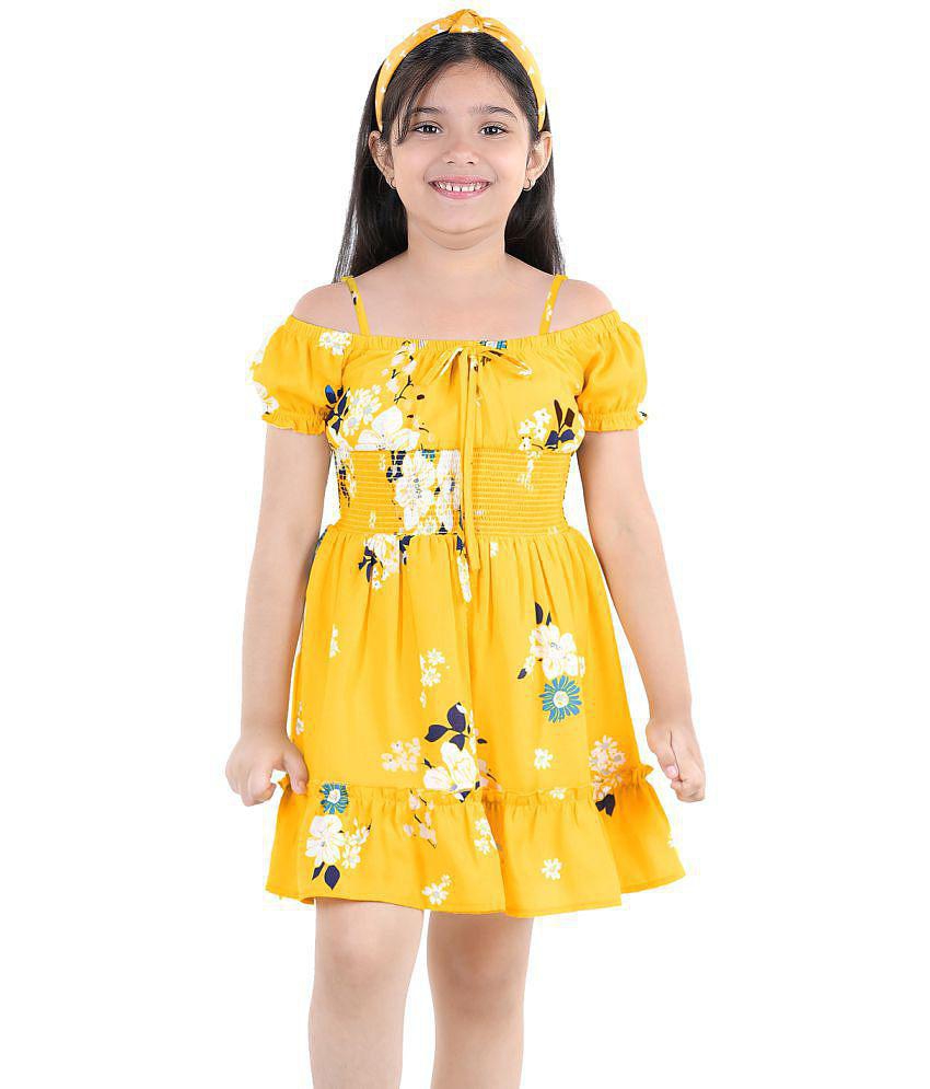 Naughty Ninos Girls Yellow Floral Printed Off Shoulder Dress - None