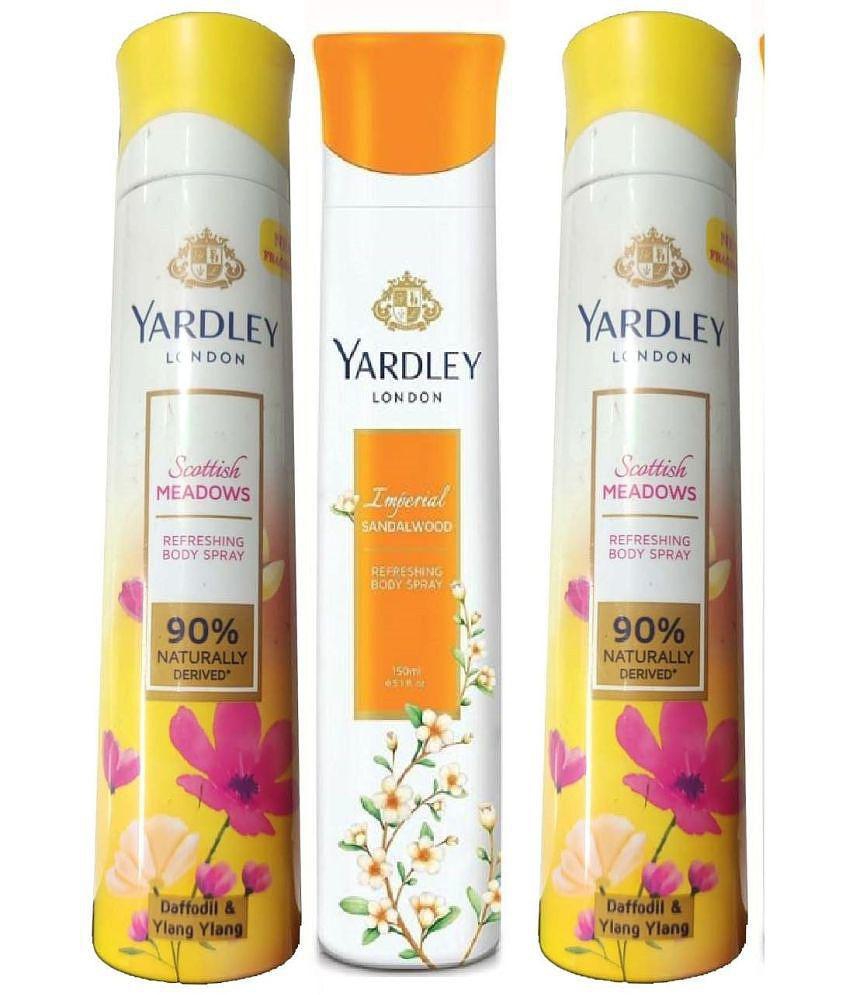 YARDLEY LONDON 2 SCOTTISH MEADOWS , 1 SANDALWOOD BODY SPRAY 150 ML EACH PACK OF 3