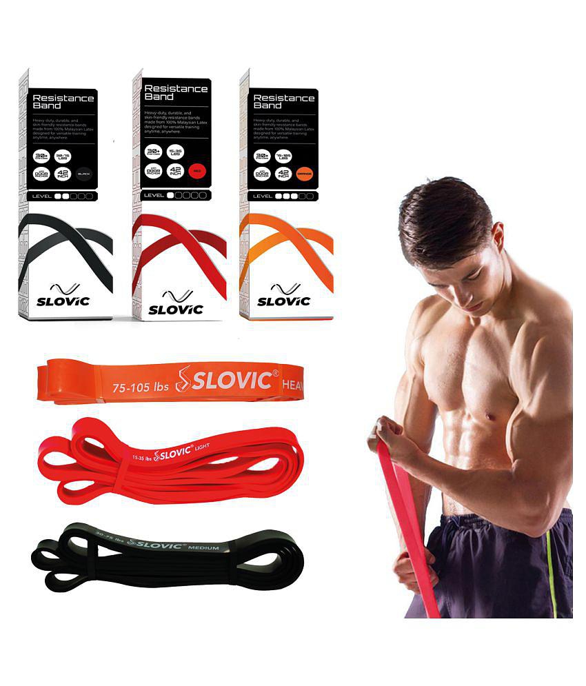 Slovic Fitness Resistance Band - 42-inch loop with door anchors | Pull up training bands for Calisthenics | with Workout Guide | Set of 3 Bands Red  (15-35 lbs)-Black (30-75 lbs)-Orange (75-