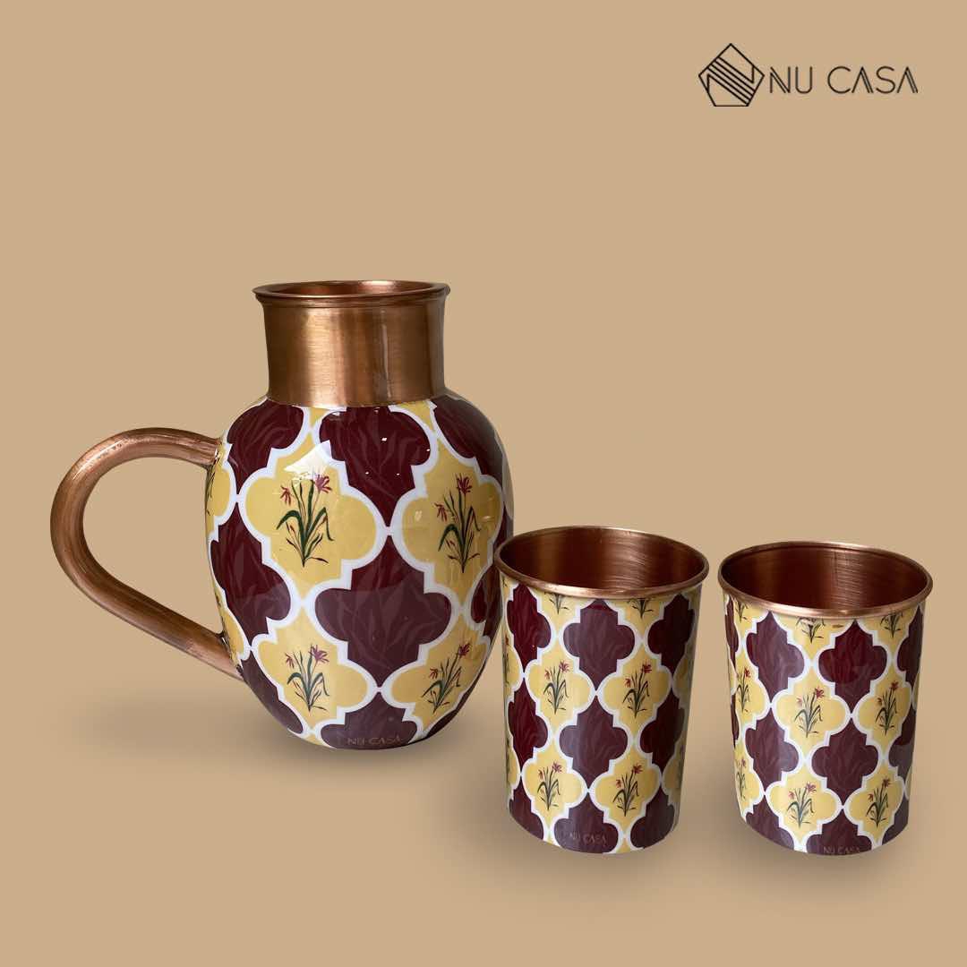 Mughal Print Pure Copper Jug with 2 Glasses Set